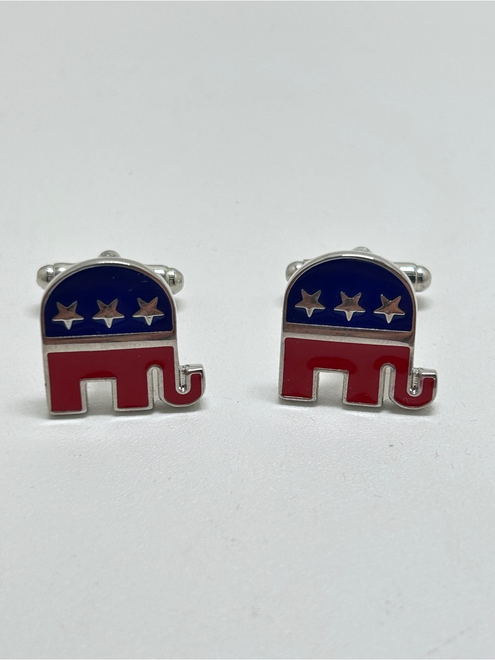 Vintage Red, White, Blue Cloisonné Republican Elephant Patriotic Cuff Links, IOB